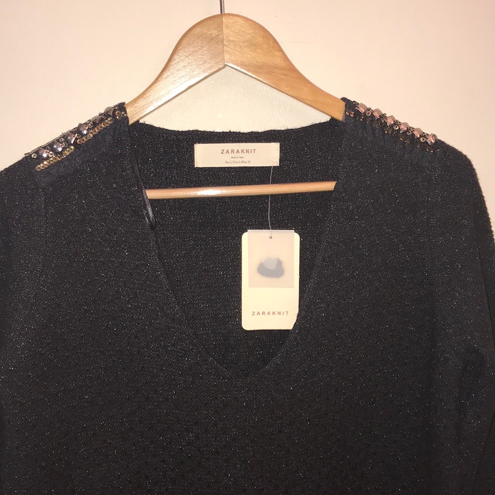 NWT Zara Hi-Lo Embellished Knit Sweater